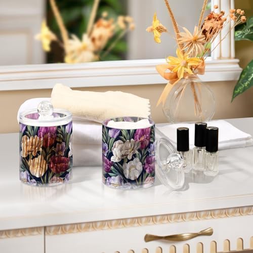 White and Purple Tulips Qtip Dispenser Set of 4, Clear Apothecary Plastic Jars Clear Bathroom Storage Containers for Cotton Pads, Cotton Ball, Cotton Swabs, Floss Picks 10 Oz