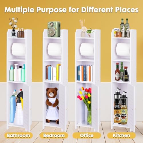 LuiceABC Toilet Paper Holder Stand, Over The Toilet Storage Cabinet for Bathroom, Slim Corner Shelf for Small Space Storage, Small Bathroom Storage Cabinet with Toilet Roll Holder & Door - White