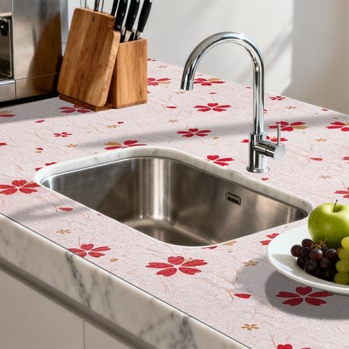 FIFTY FEET 18"x96" Non-Adhesive Shelf Liner for Kitchen Cabinets and Drawers, Washable Non-Slip PVC Cabinet Liner (Red Floral)(3 Roll)
