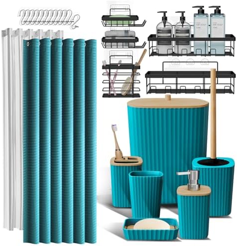 Clara Clark Bathroom Accessories Set - Bathroom Set with Adhesive Corner Shower Caddy Hanging, 25PC Bathroom Accessory Set, Teal Shower Curtain Set, Toilet Brush, Trash Can & Soap Dispenser