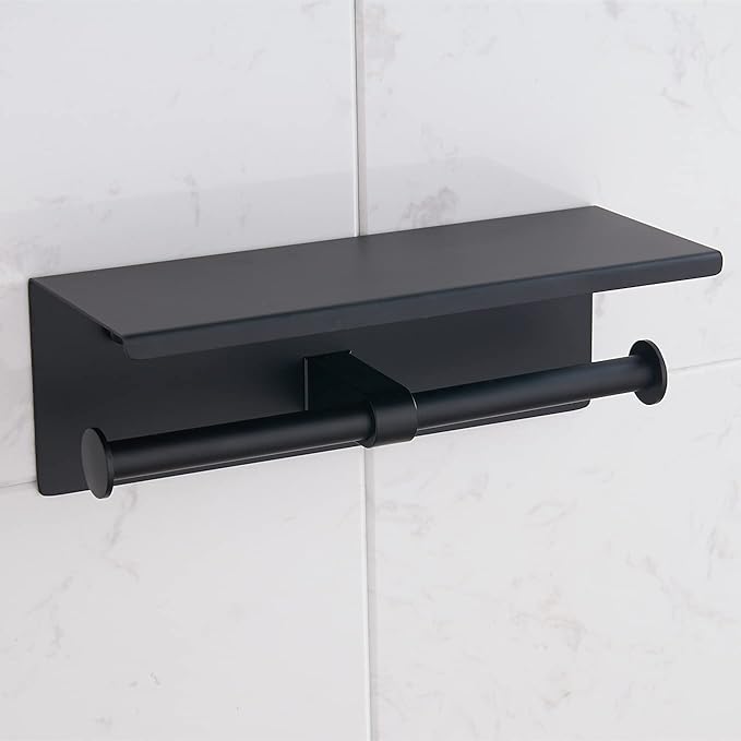 BGL Toilet Paper Holder with Shelf Matte Black, 304 Stainless Steel Wall Mount Toilet Tissue Roll Holder with Double Post for Bathroom, Commercial Toilet Paper Dispenser with Phone Shelf