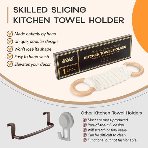 Hanging Kitchen Dish Towel Holder (Handmade Crochet), Decorative Boho Macrame Kitchen Towel Hanger Loop Ring Makes a Unique Gift for Birthday, Thanksgiving, 11 Inches (Cream)