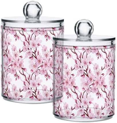 MNSRUU 4 Pack Qtip Holder Organizer Dispenser Pink Cherry Tree Bathroom Containers Bathroom Vanity Storage Canister Apothecary Jars for Cotton Swabs/Pads/Floss