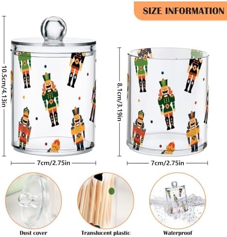 2 Pack Apothecary Jars Bathroom Christmas Nutcrackers Qtip Holder Dispenser Clear Plastic Storage Canister Jar with Lid for Cotton Ball, Cotton Swab