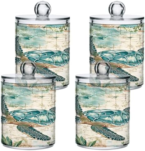 ALAZA Sea Turtle Starfish Map 4 Pack Qtip Holder Dispenser for Cotton Swabs, Balls, Pads, Floss 10 oz Plastic Canister Organizer