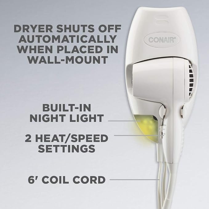 Conair Wall-Mount Hair Dryer,1600W Blow Dryer with LED Nightlight,2 Heat 2 Speed Settings,White,(Pack of 4)