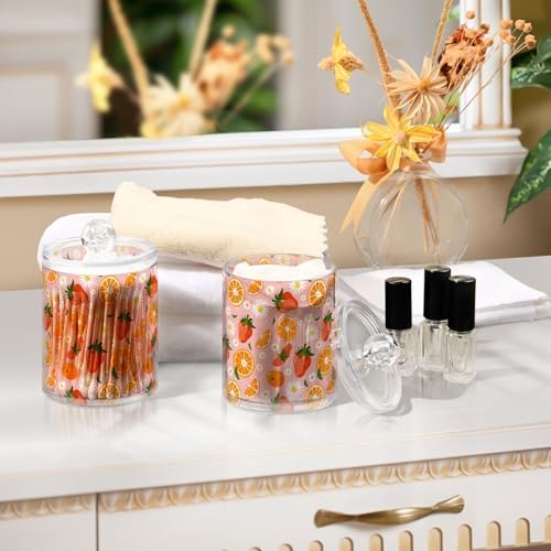 ALAZA 4pcs Strawberry Orange Fruit Daisy Flower Qtip Holder Dispenser 14 oz Bathroom Storage Clear Apothecary Jars Containers Cotton Ball,Cotton Rounds,Floss Picks, Hair Clips, Food