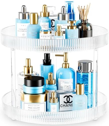 360° Clear Rotating Storage Tray, 2 Tier Lazy Susan Bathroom Countertop Organizer, Cosmetics and Perfume Organizer, Spinning Storage Tray Vanity Organizer Shelf for Bathroom Cabinet, Kitchen(Medium)