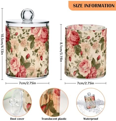 Vintage Roses and Leaves Beige Clear Plastic Jars 2 Pack Clear Apothecary Plastic Jars Makeup Brush Container for Cotton Ball, Cotton Swab, Cotton Round Pads, Floss 10 Oz