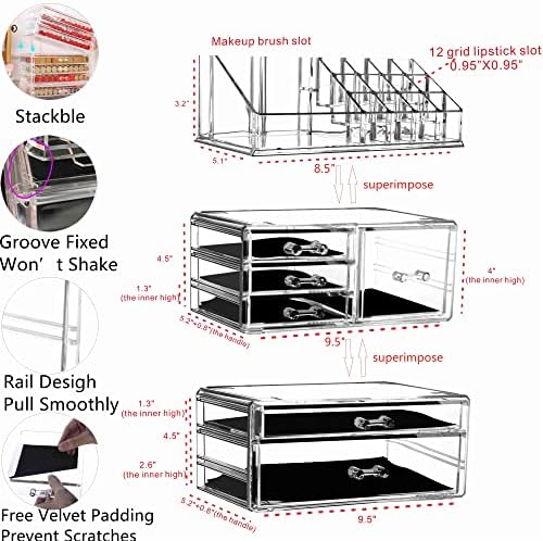 Cq acrylic 3 Pack Clear Makeup Organizer Countertop, Stackable 6 Drawers Skincare Organizer,Cute Skin Care Organizer for Vanity Hair Clip,Jewelry,Beauty Product Desk and Make Up Organizers for Vanity