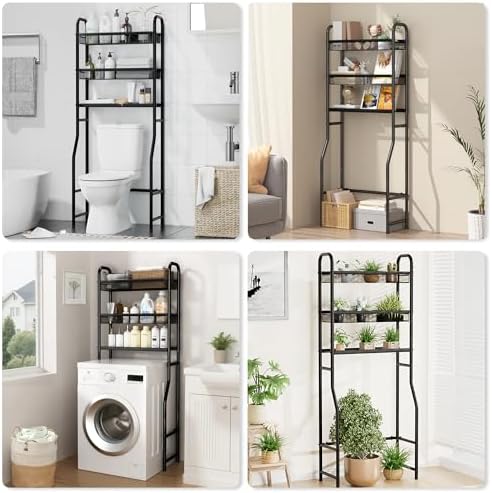 3 Tier Over The Toilet Storage Shelf, Black Bathroom Over The Toilet Storage Rack, Space Saving Above Toilet Storage Shelf with Vinyl Mesh Surface, Bathroom Toilet Shelf Rack Organizer