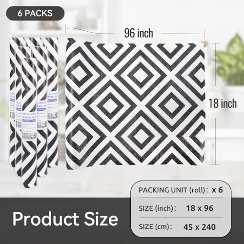 FIFTY FEET 18"x96" Non-Adhesive Shelf Liner for Kitchen Cabinets and Drawers, Washable Non-Slip PVC Cabinet Liner (Black Plaid)(6 Roll)