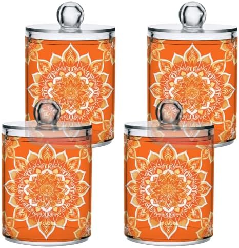 Orange Mandala Qtip Holder 4 Pack - 10 Oz Clear Plastic Apothecary Jar Set for Bathroom Organization - Versatile Canister Storage for Cotton Balls, Swabs, Rounds