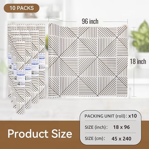 FIFTY FEET 18"x96" Non-Adhesive Shelf Liner for Kitchen Cabinets and Drawers, Washable Non-Slip PVC Cabinet Liner (Brown Modern)(10 Roll)