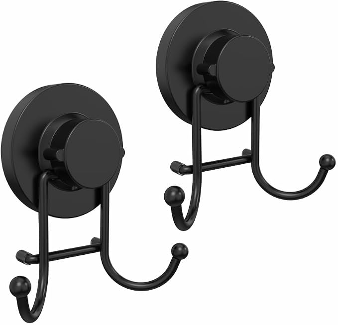 HOME SO Suction Cup Hooks for Shower & Bathroom Towel Holder 2-Pack – Suction Cups Hooks for Hanging Towels, Robes, & Coats - Tiles, Glass Door or Mirror – Shower and Towel Hooks - Black, Stainless