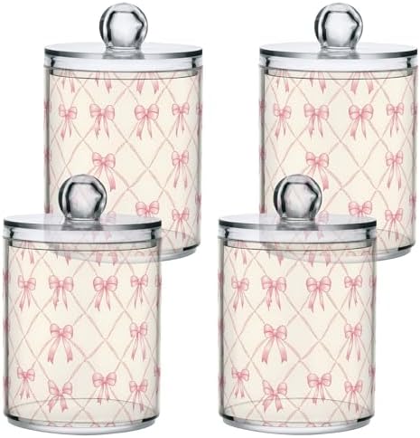 ALAZA Bow Plaid 4 Pack Qtip Holder Dispenser for Cotton Swabs, Balls, Pads, Floss 10 oz Plastic Canister Organizer