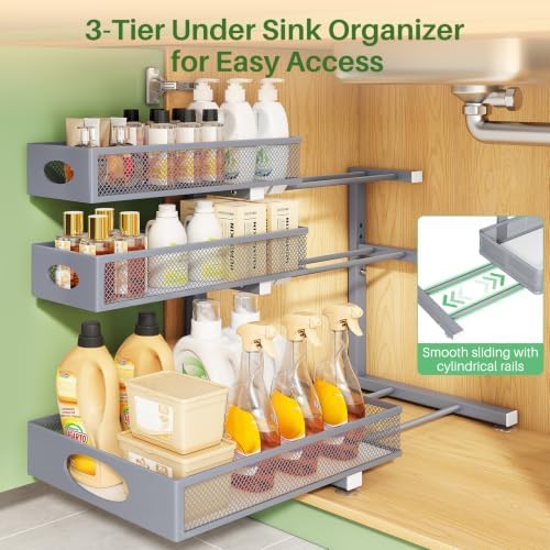 Kitstorack Under Sink Organizer 3-Tier Slide Out Drawer 1-Pack Grey