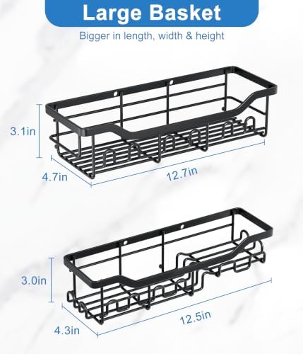 Shower Caddy Adhesive Bathroom Shelf, 2-Pack Rustproof Shower Organizer with Soap Holder, Wall Mounted Shelves for Large Storage with 16 Hooks