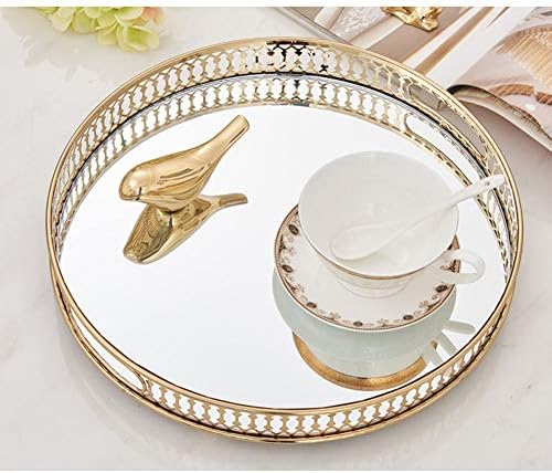 Vintage Gold Mirror Tray,Round Shape(12.6in) Ornate Geometric Brass Plated and Glass Display Storage Organizer,Jewelry Perfume Makeup Organizer Tray, for Dresser, Bathroom, Bedroom