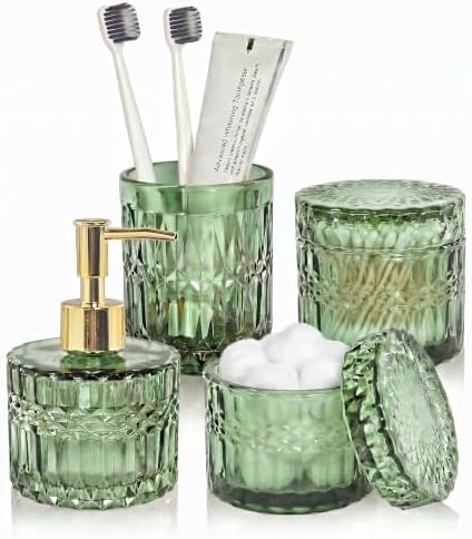 LaMarriti Green Bathroom Accessories Set, 4Pcs Clear Glass Bathroom Set, Soap Dispenser and Toothbrush Holder Set, Qtips Holder, Soap Dish for Crystal Modern Bathroom Decor, Countertop Organizer