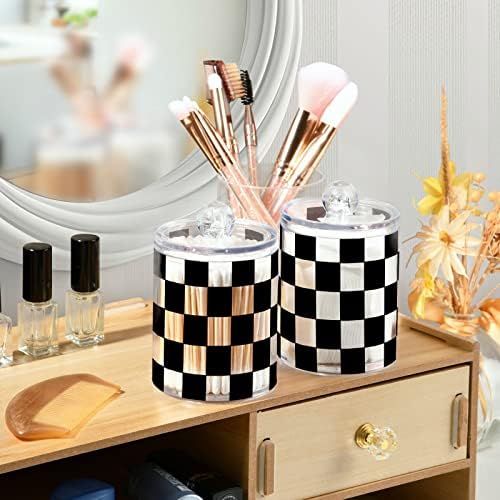 Fustylead 4 Pack Checkered Qtip Holder Dispensers, Plastic Apothecary Jar Bathroom Accessories Set for Cotton Ball, Swab, Round Pads, Floss