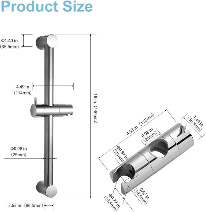 OFFO Shower Slide Bar 18 in Adjustable Installation Distance 12-17 in with 360° Adjustable Handheld Shower Head Holder for Bathroom, Screw Wall Mounted, Chrome Finish