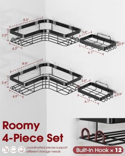 Sakugi Corner Shower Caddy, Large, 4-Pack, Soap & Toothbrush Holder, Black