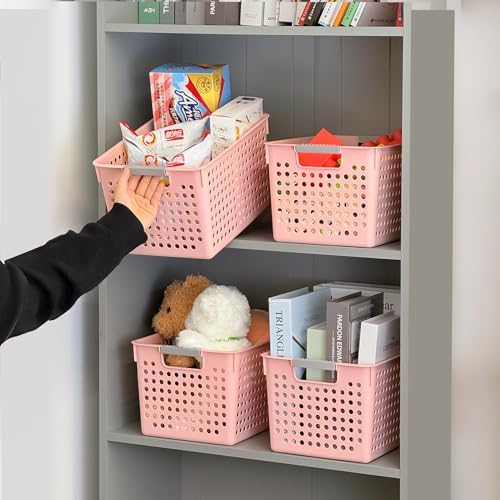 Soddeph 4 Pack Plastic Deep Storage Basket with Handles, Cubbies Organizer Bins with Hollow Design for Under Counter, Closet, Kitchen or Bathroom 12.3" × 8.7" × 6.9"(Pink, Medium)