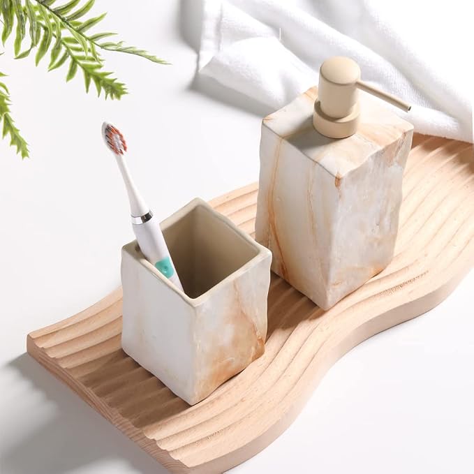 RQYIXI Ceramic 4-Piece Bathroom Accessories Set, Beige, Marble Design | marble look ceramic square design unique veining pattern modern countertop organization