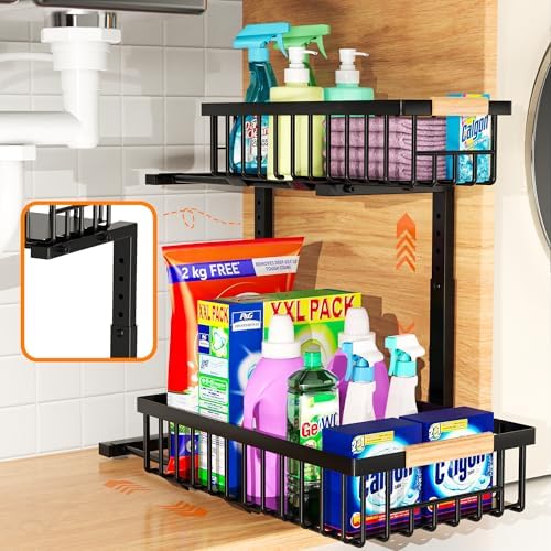 Under Sink Organizer, 2-Tier Pull-Out Cabinet Organizer – Adjustable Height, Left or Right Install – Smooth Slide-Out Drawers, Heavy-Duty Metal Rack for Kitchen & Bathroom, 1 Pack
