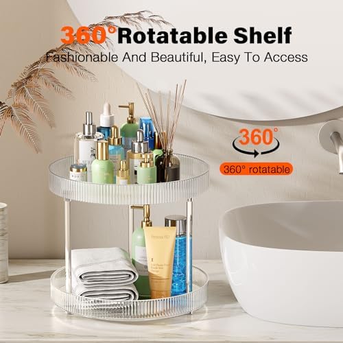 Acina 2-Tier Bathroom Countertop Organizer: 360° Clear Lazy Susan Rotating Storage Tray - Spinning Perfume Cosmetics Vanity Shelf for Bathroom Cabinet, Kitchen (Large)