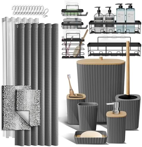 Clara Clark Bathroom Accessories Set - 27PC Bathroom Set with Adhesive Corner Shower Caddy Hanging, Bathroom Sets with Shower Curtain and Rugs, Ombre Grey Shower Curtain Set with Bathroom Trash Can