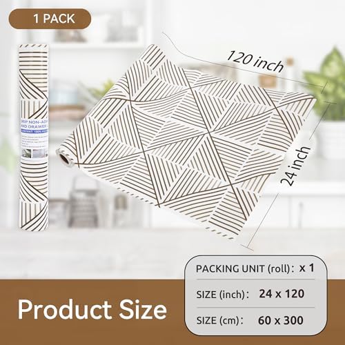 FIFTY FEET 24"x120" Non-Adhesive Shelf Liner for Kitchen Cabinets and Drawers, Washable Non-Slip PVC Cabinet Liner (Brown Modern)(1 Roll)