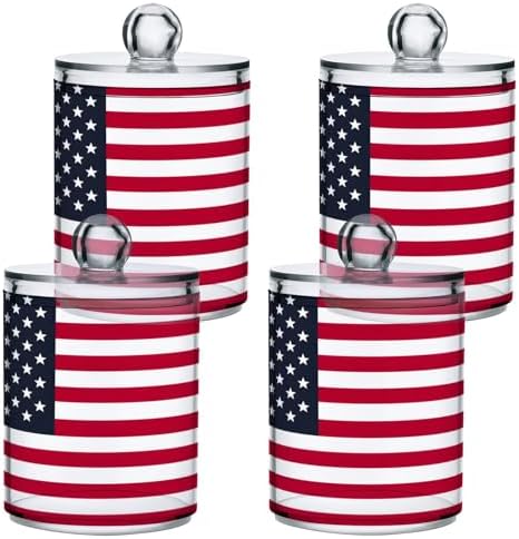 ALAZA Hipster American Flag 4 Pack Qtip Holder Dispenser for Cotton Swabs, Balls, Pads, Floss 10 oz Plastic Canister Organizer