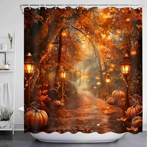 NBVKO Fall Thanksgiving Day Shower Curtain Sets，Autumn Maple Forest Bathroom Shower Curtain with Non-Slip Rug Toilet Lid Cover Bath Mat 12 Hooks， Pumpkin Bathroom Decor Set