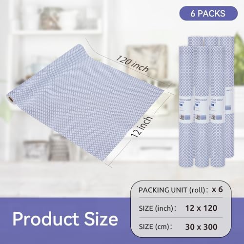 FIFTY FEET 12"x120" Non-Adhesive Shelf Liner for Kitchen Cabinets and Drawers, Washable Non-Slip PVC Cabinet Liner (Blue Circle)(6 Roll)