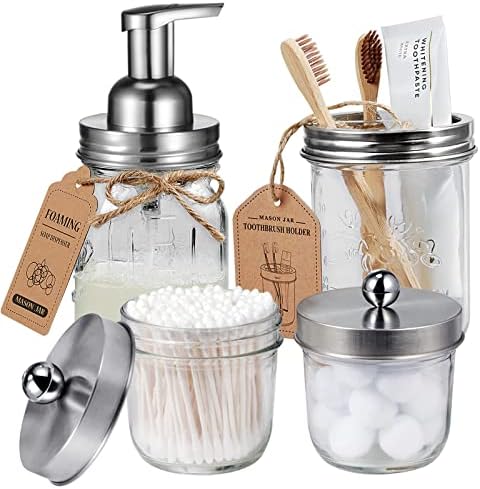 Amolliar Mason Jar Bathroom Accessories Set, 4Pcs Glass Rustic Bathroom Set
