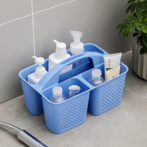 Plastic Portable Shower Caddy Basket with Handle, 3 Compartments, Dark Blue