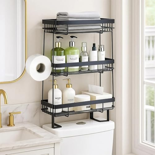 PowerKing Over The Toilet Storage Shelf, 3 Tier Bathroom Organizer, Black