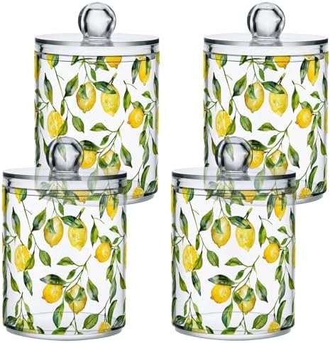 ALAZA 4pcs Watercolor Lemon Leaf Qtip Holder Dispenser 14 oz Bathroom Storage Clear Apothecary Jars Containers Cotton Ball,Cotton Rounds,Floss Picks, Hair Clips, Food