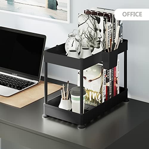 Under Sink Organizers and Storage | Bathroom Cabinet Organizer, Sink Shelf with Utility Hooks and Side Caddy for Under Cabinet Storage | Black (2-Pack) Non Slip Grip Under Kitchen Sink Organizer