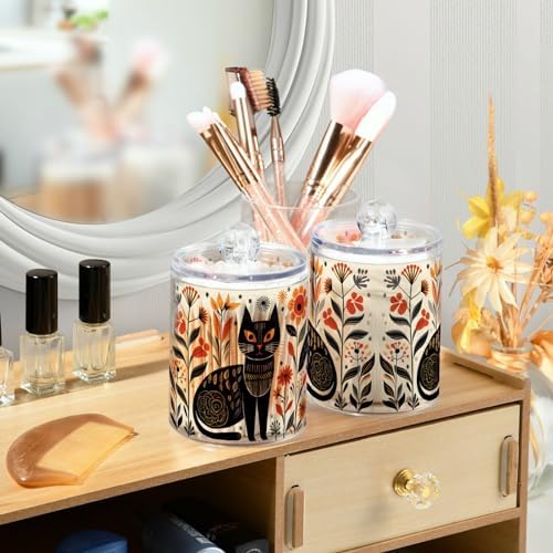 MNSRUU 4 Pack Qtip Holder Organizer Dispenser Black Cat Flowers Pink Bathroom Storage Canister Cotton Ball Holder Bathroom Containers for Cotton Swabs/Pads/Floss