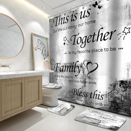 Lnond 4Pcs Shower Curtain Set with Toilet Lid Cover and Non-Slip Rugs for Bathroom,White Black Abstract Motivational Bathroom Sets with Shower Curtain and Rugs