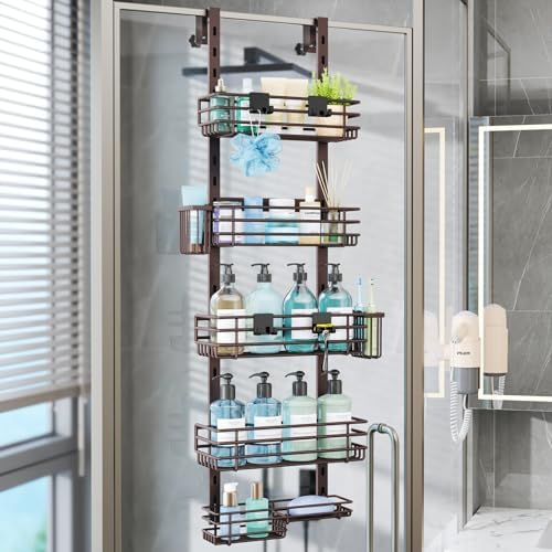 Consumest Over The Door Shower Caddy - 5 Tier Adjustable Shower Organizer Hanging with 2 Toothbrush Holders & 4 Hooks, Rustproof Organizer Shelf, Storage Rack for Bathroom, Bronze
