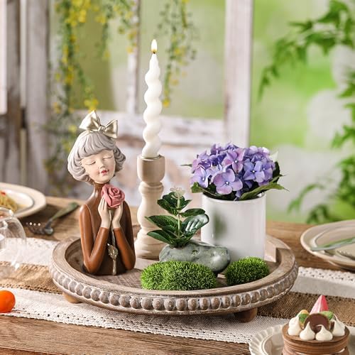 Decorative Coffee Table Tray, Brown Round Wooden Tray for Decor