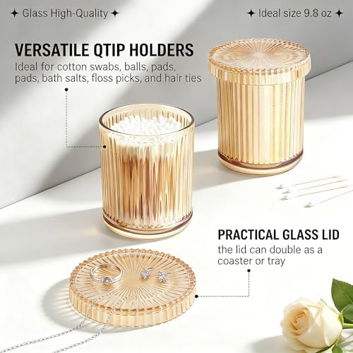 2‑Pack Amber Ribbed Glass Qtip Holder, Vanity & Bathroom Makeup Storage