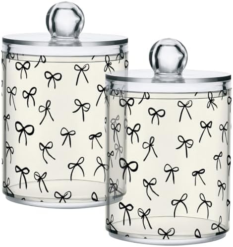 Gredecor 4 Pack Qtip Holder Clear Black Bows on Beige Apothecary Jars with Lids Acrylic Bathroom Jars Vanity Countertop Canister Storage Organizer for Cotton Ball,Swabs,Pads,Floss