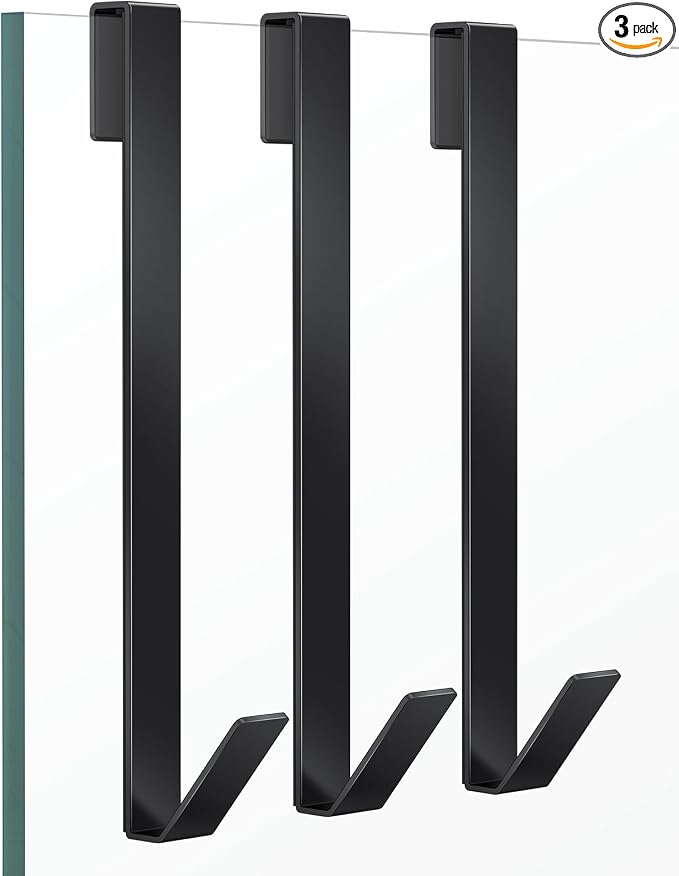 Shower Door Hooks 12 in, Shower Hooks for Towels, Heavy Duty Drilling-Free Extended Towel Hooks for Bathroom Frameless Glass Door, Over The Door Towel Hooks 3 Packs Black