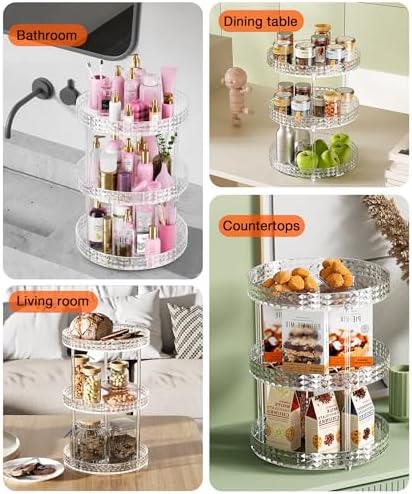3Tier Diamond Lazy Susan Bathroom Countertop Organizer, 360° Clear Rotating Makeup Cosmetic Perfume Storage Tray, Spinning Vanity Organizer Shelf for Bathroom Cabinet, Dresser, Kitchen(Large)