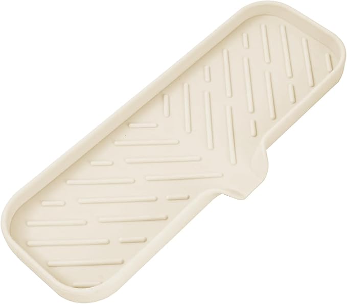 MicoYang Silicone Soap Dish with Drain Spout — Self-Draining Double Sink Organizer Tray for Kitchen & Bathroom, Dispensers, Sponges & Soap Holder, Non-Slip & Dishwasher Safe, Tapioca (Large, 12"×4")